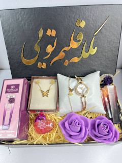 باکس جدید هدیه خوشگل طلایی لاکچری ساعت ظریف ادکلن اسمارت اصلی و روز دختر هدیه خاص تولد